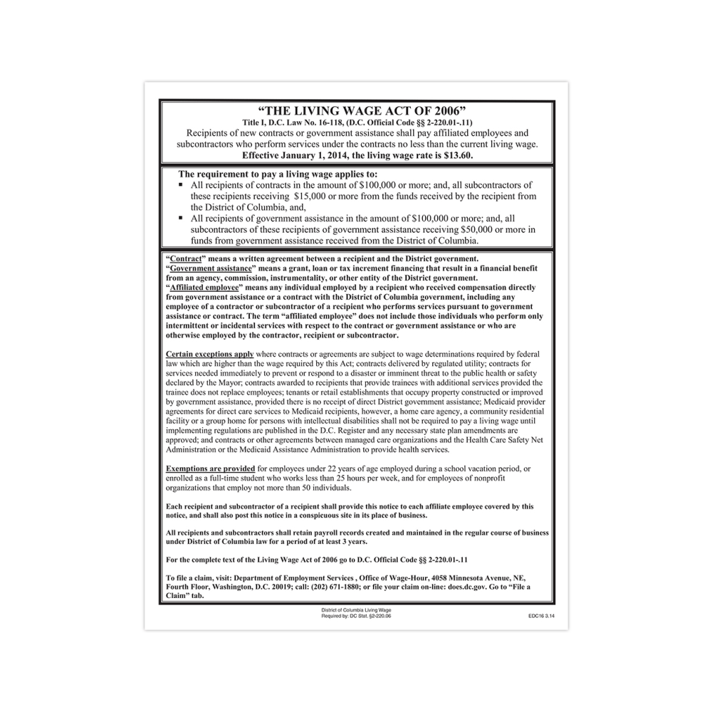 ComplyRight™ State Specialty Poster, Living Wage, English,