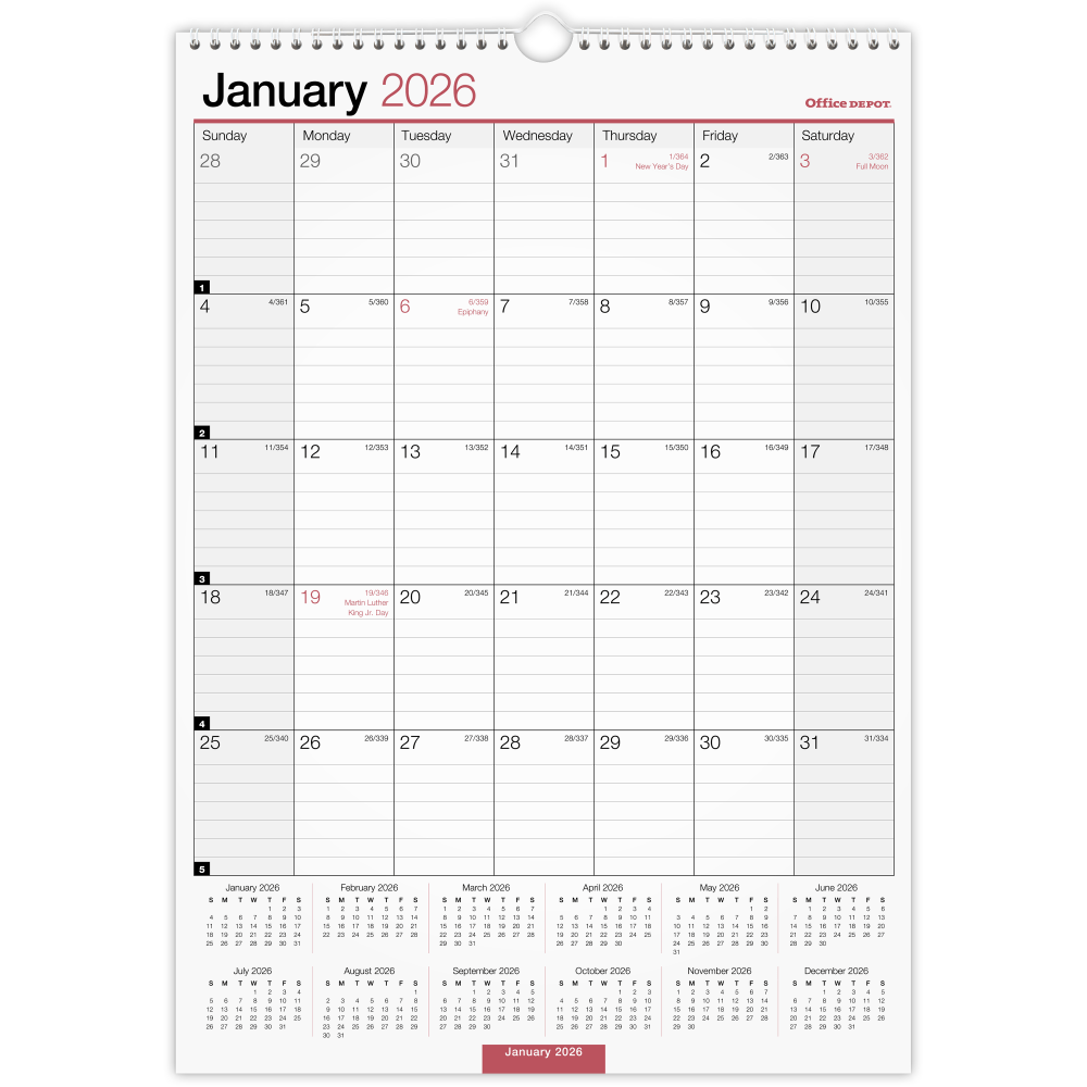 Office Depot Brand Monthly Wall Calendar, 12" x