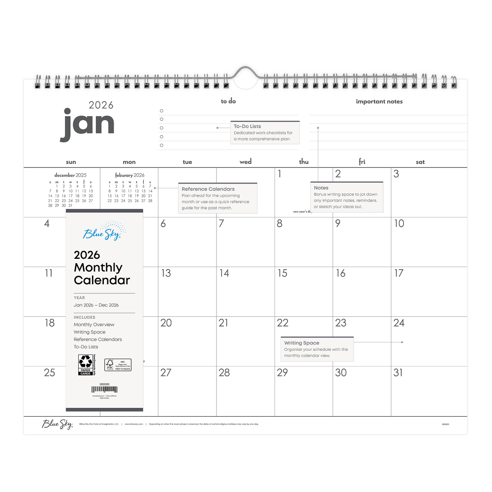 2026 Blue Sky Monthly Wall Calendar, 15” x