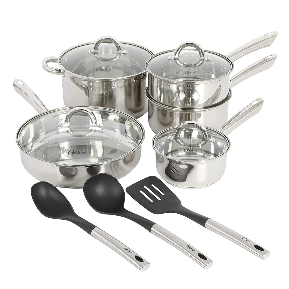 Oster Sangerfield 12-Piece Stainless Steel Cookware Set, Silver