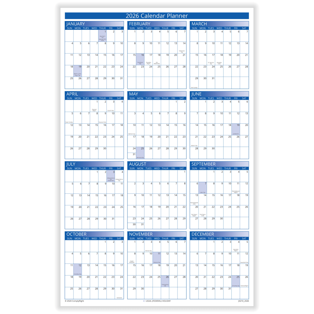 ComplyRight® 2026 Desk Calendar Planner, 2-Sided. 11" x