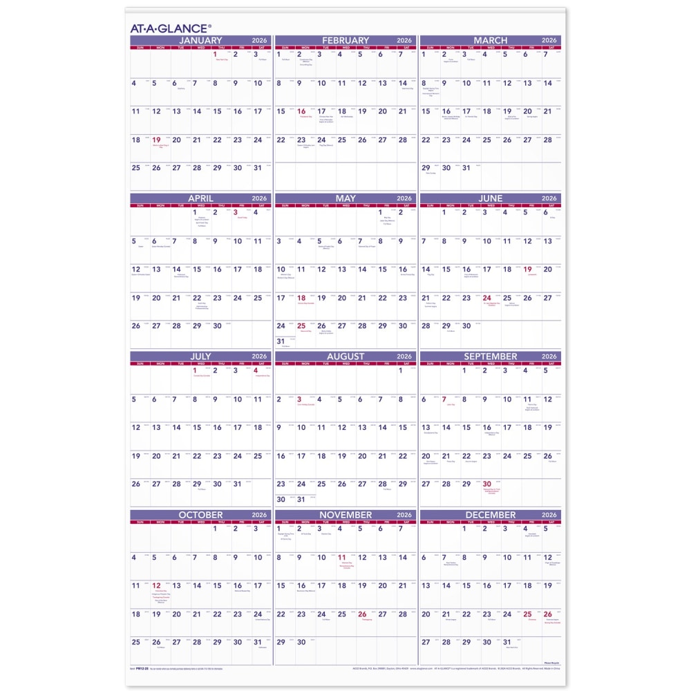 AT-A-GLANCE® 2026 Yearly Wall Calendar, Extra Large, 24"