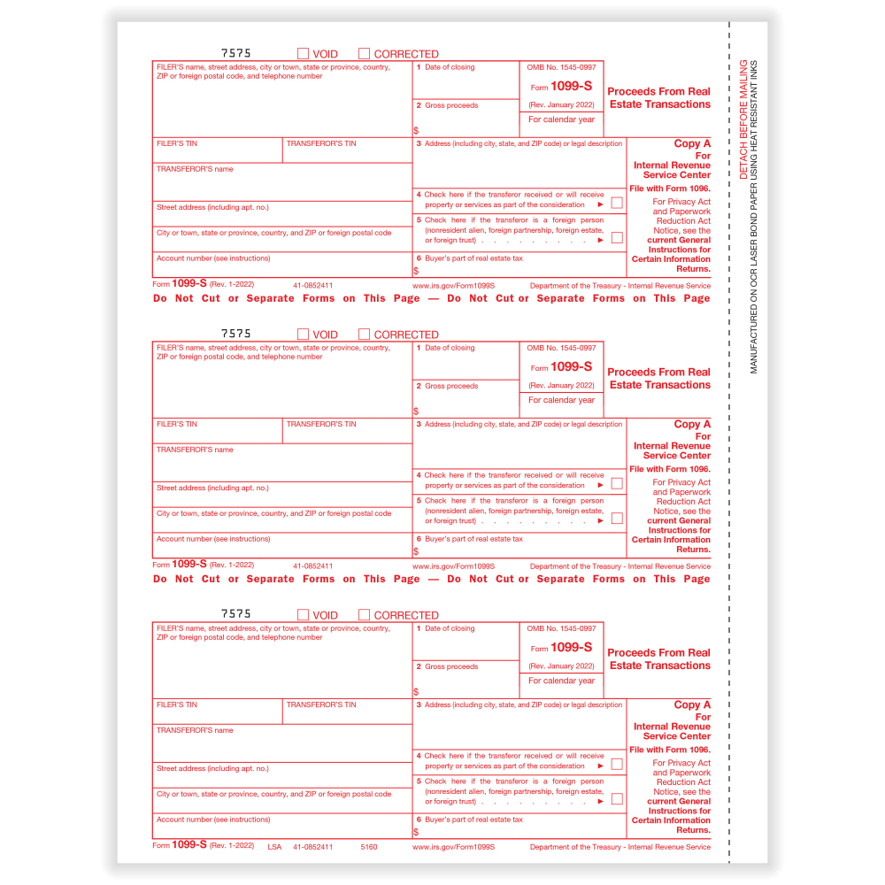 ComplyRight®® 1099-S Tax Forms, 3-Up, Federal Copy A,