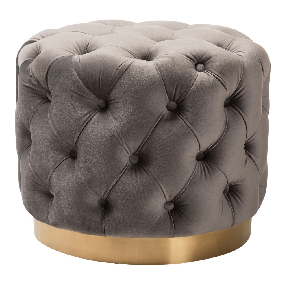 Baxton Studio Glam Velvet Button-Tufted Round Ottoman, Gray/Gold