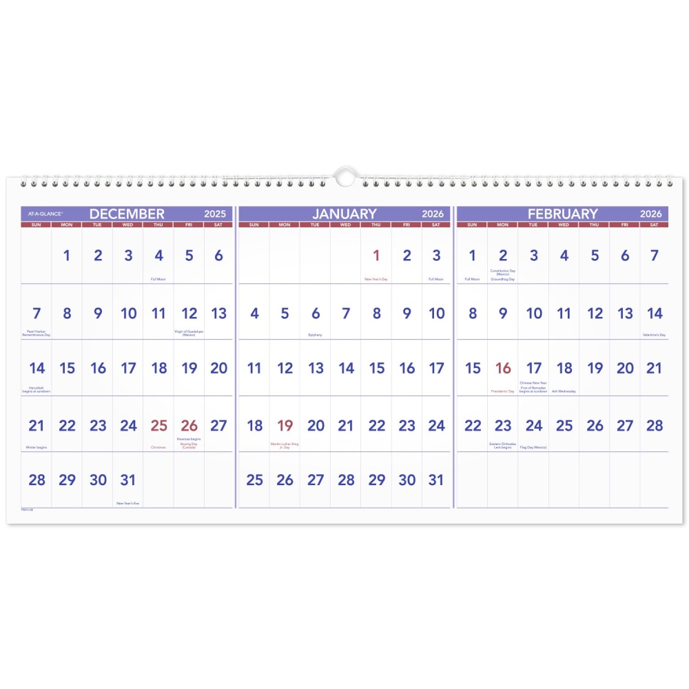 AT-A-GLANCE® 2026 Three Month Reference Horizontal Wall Calendar,