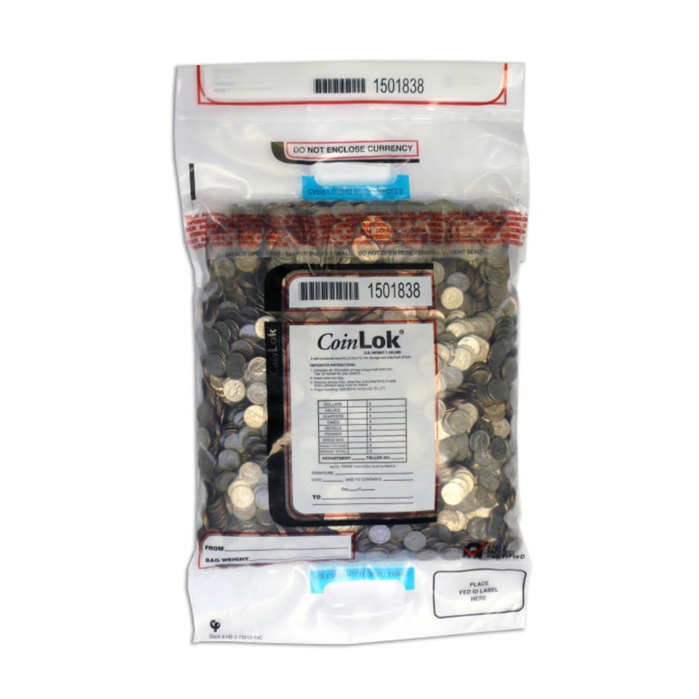 CoinLok Tamper-Evident Coin Bags, 14-1/2" x 25", Clear,