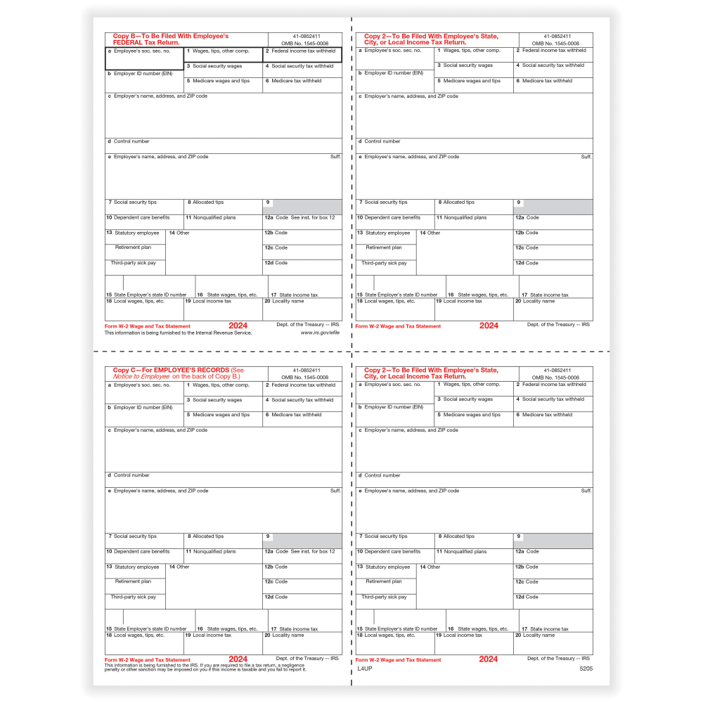 ComplyRight® W-2 Tax Forms, 4-Up (Box Format), Employee’s