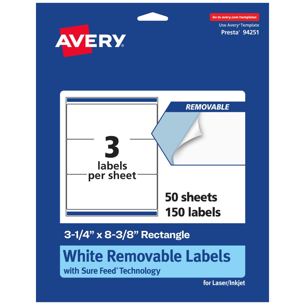 Avery® Removable Labels With Sure Feed®, 94251-RMP50, Rectangle,