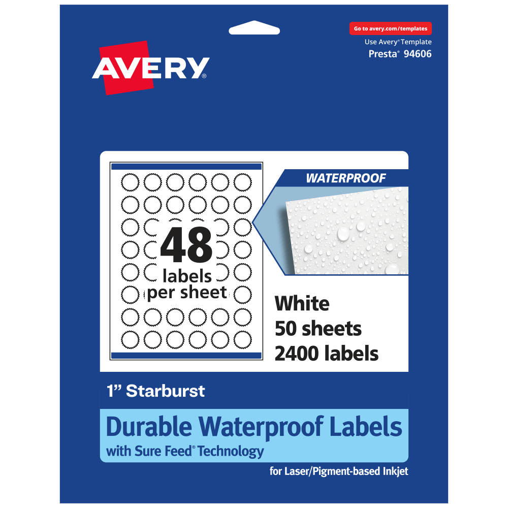 Avery® Waterproof Permanent Labels With Sure Feed®, 94606-WMF50,