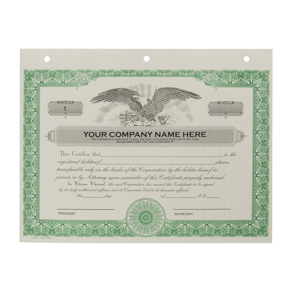 Custom Corporate Stock Certificates, 3-Hole Punched, Green, Pack