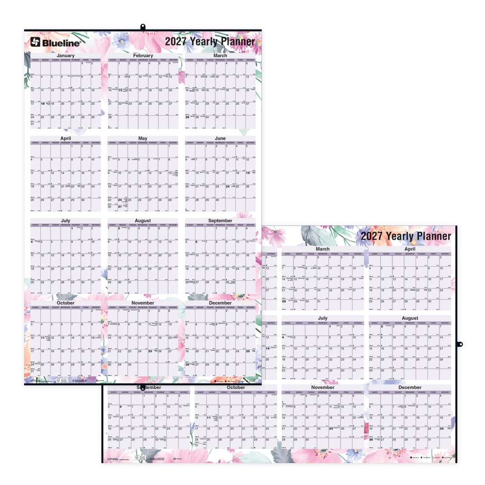 2027 Blueline Colorful Laminated, Reversible And Erasable Yearly