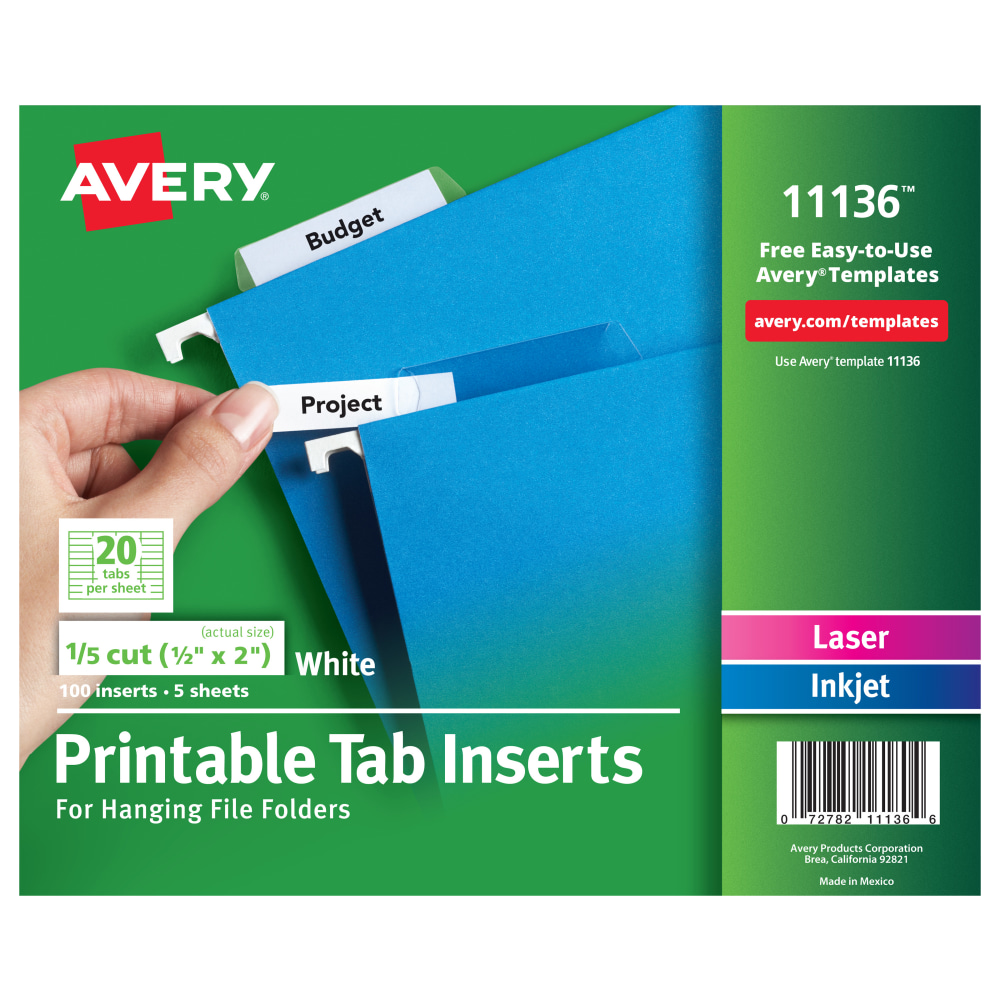 Avery® Printable Tab Inserts For Hanging File Folders,