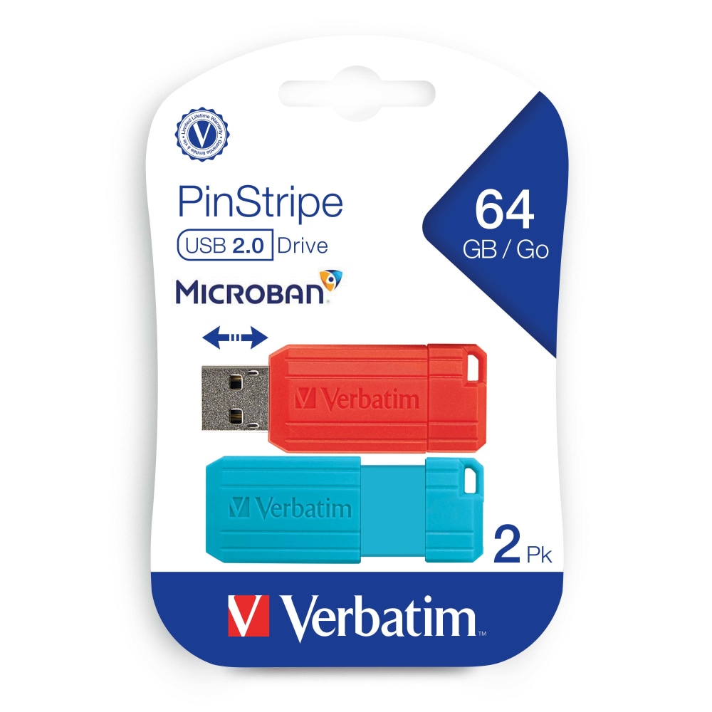 Verbatim® PinStripe USB 2.0 Flash Drives, 64GB, Blue/Red,