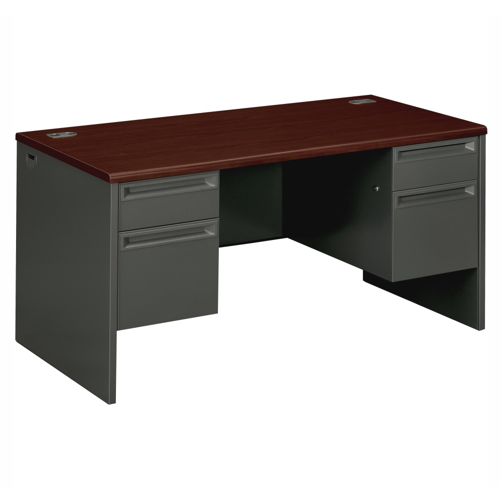 HON® 38000 60"W Double-Pedestal Computer Desk, Mahogany/Charcoal