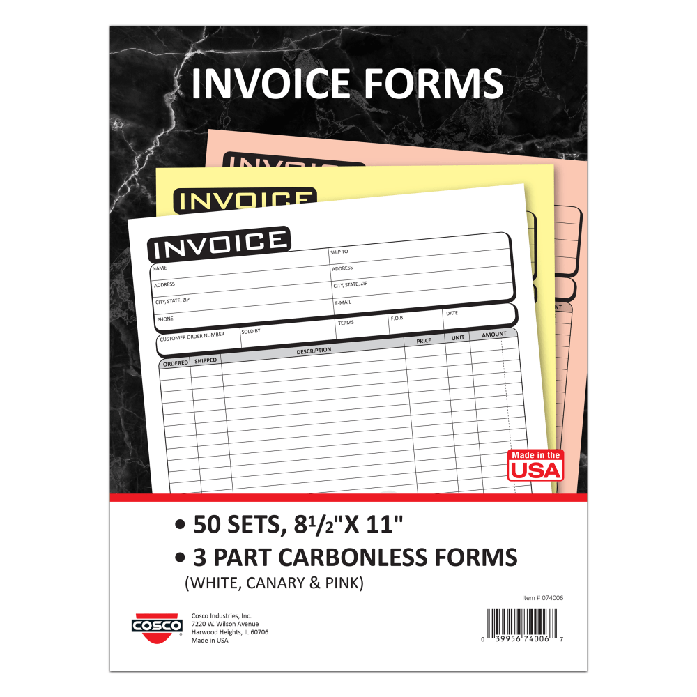 COSCO Invoice Form Book With Slip, 3-Part Carbonless,