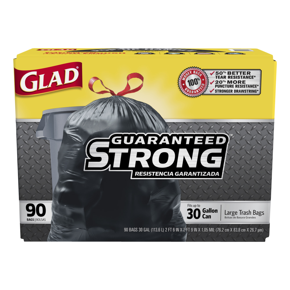 Glad® Drawstring Trash Bags, 30 Gallons, Black, Box