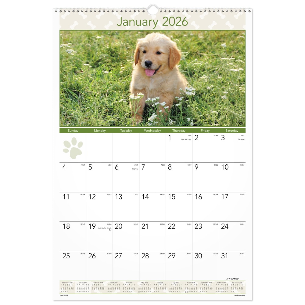 AT-A-GLANCE® 2026 Puppies Monthly Wall Calendar, Large, 15