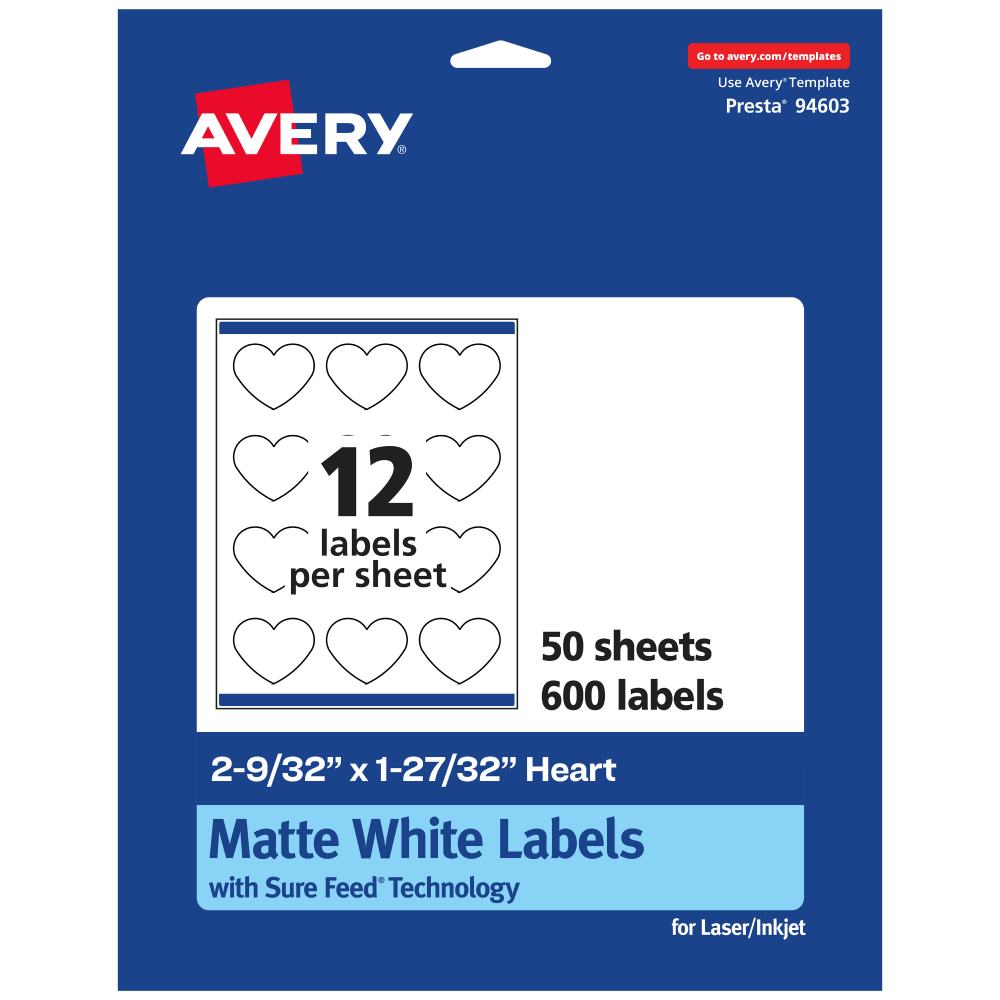 Avery® Permanent Labels With Sure Feed®, 94603-WMP50, Heart,