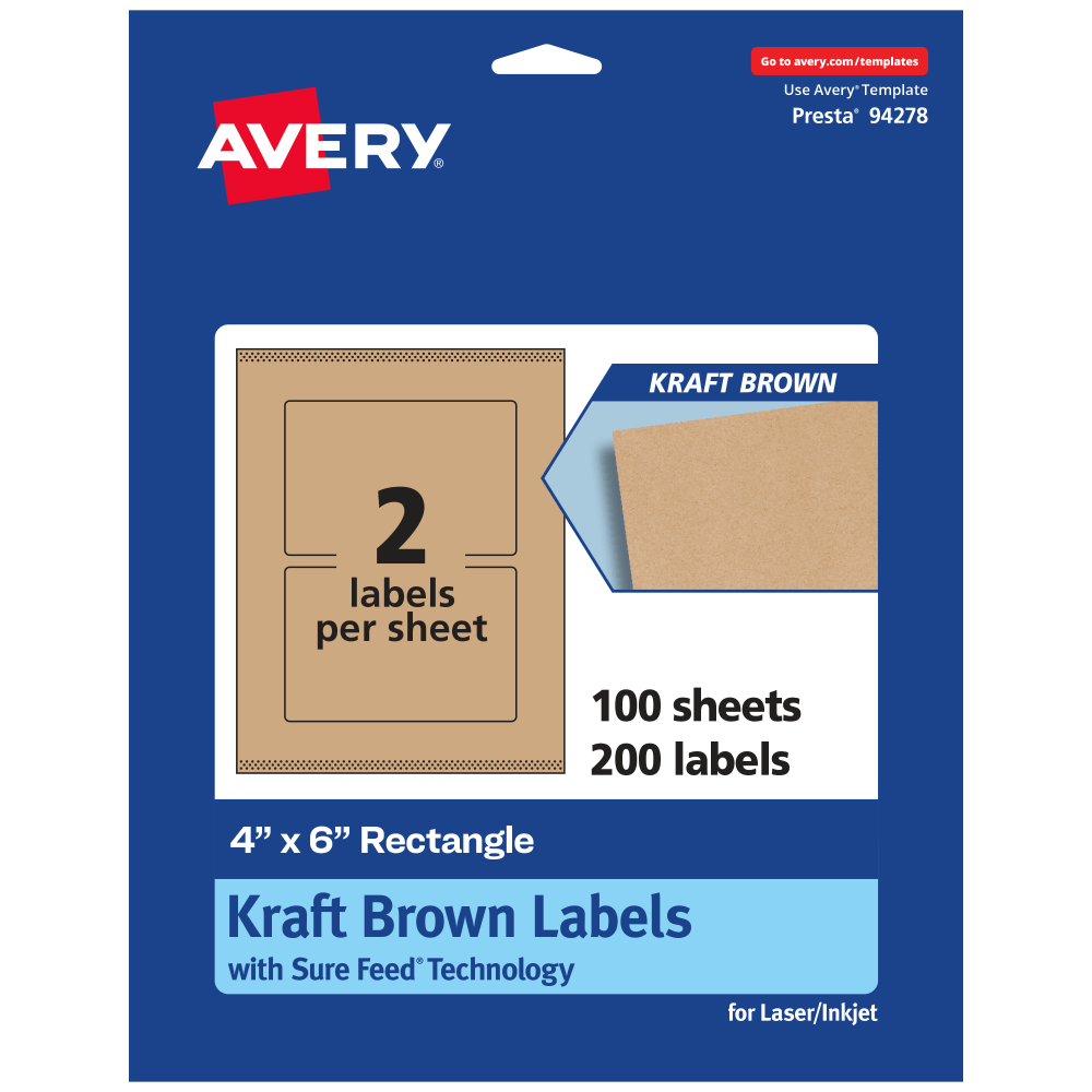 Avery® Kraft Permanent Labels With Sure Feed®, 94278-KMP100,