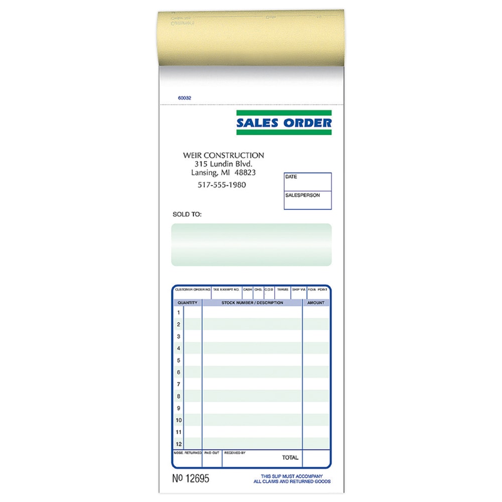 Custom Pre-Formatted 2-Part Business Forms, Sales Order Book,