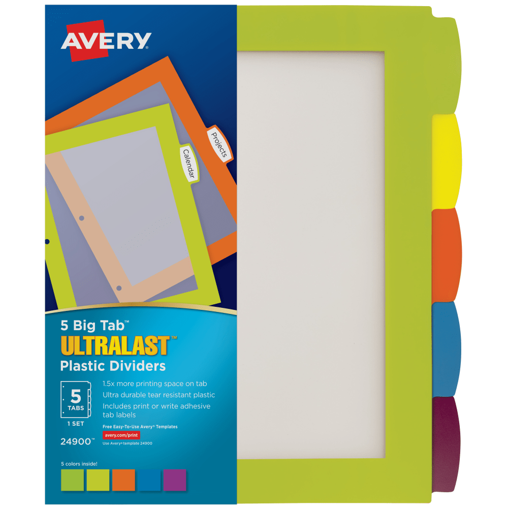 Avery® Big Tab™ Ultralast™ Plastic Dividers, 5-Tab, Multicolor