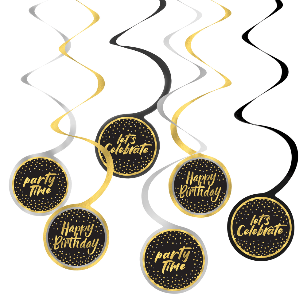 Amscan Swirl Decorations, 5" x 5", Black/Gold, Pack