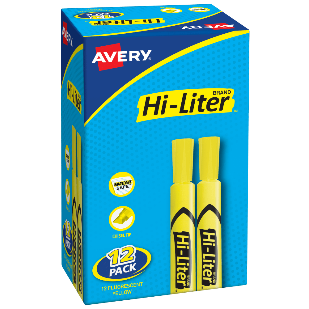 Avery® Hi-Liter® SmearSafe® Highlighters, Chisel Tip, Desk-Style,