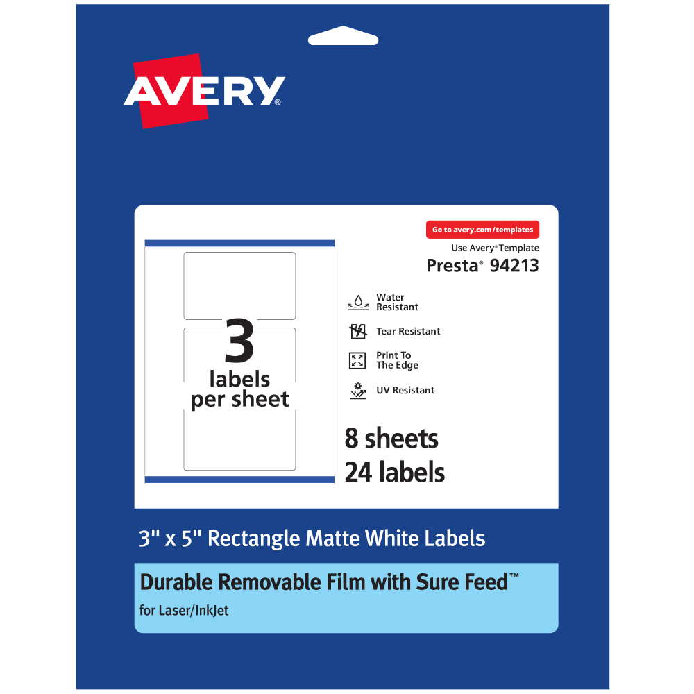 Avery® Durable Removable Labels With Sure Feed®, 94213-DRF8,