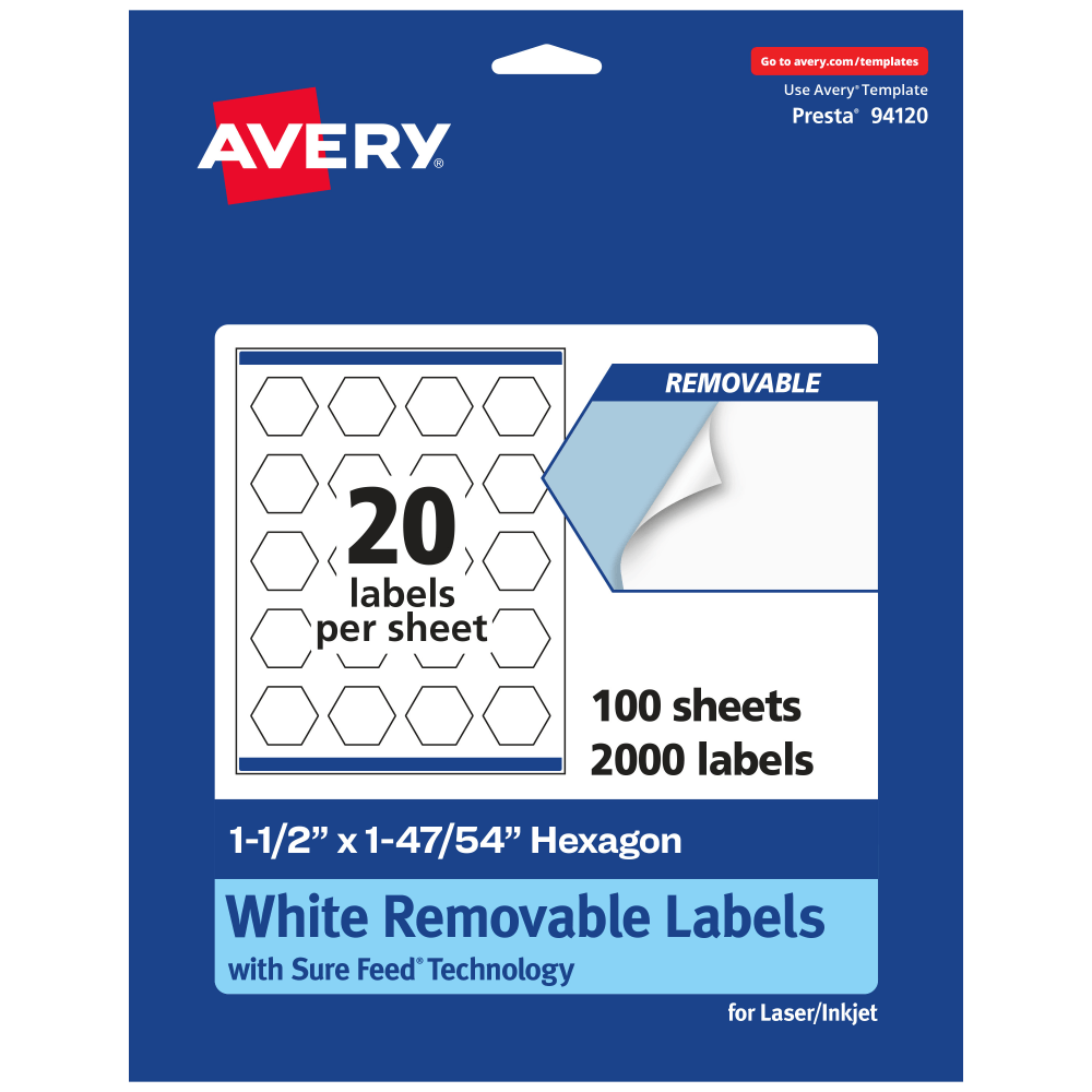 Avery® Removable Labels With Sure Feed®, 94120-RMP100, Hexagon,
