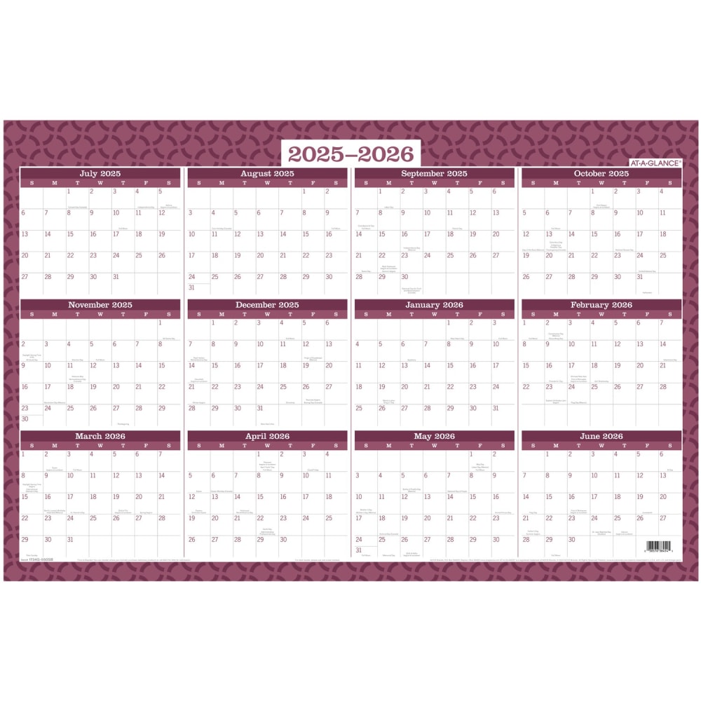 2025 AT-A-GLANCE® Reversible Erasable Yearly Wall Calendar With Marker, 36" x 24", Traditional, January 2025 To December 2025, PM26B28