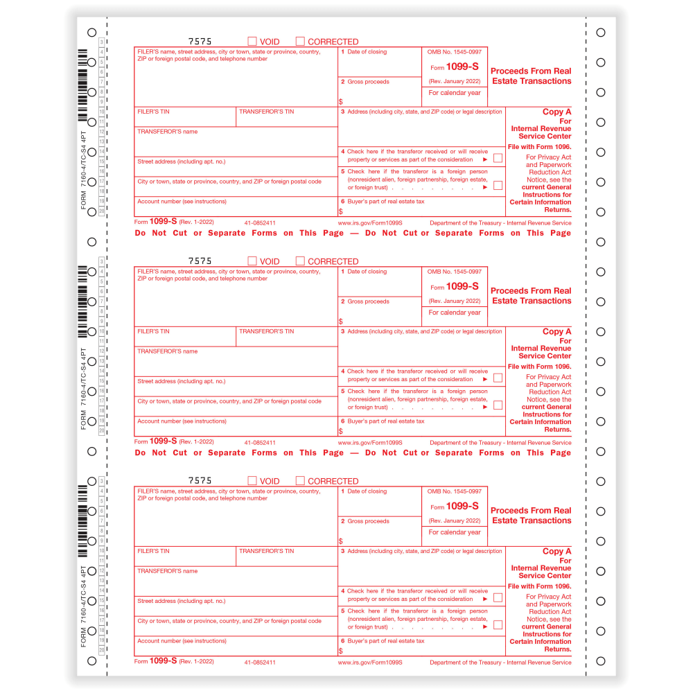 ComplyRight® 1099-S Tax Forms, 4-Part, Copy A/State/B/C, 1-Wide,