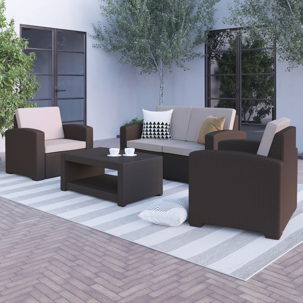 Flash Furniture 4-Piece Outdoor Faux-Rattan Loveseat, Chair and