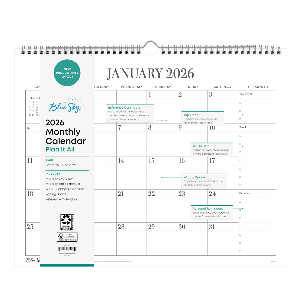 2026 Blue Sky Monthly Wall Calendar, 15” x