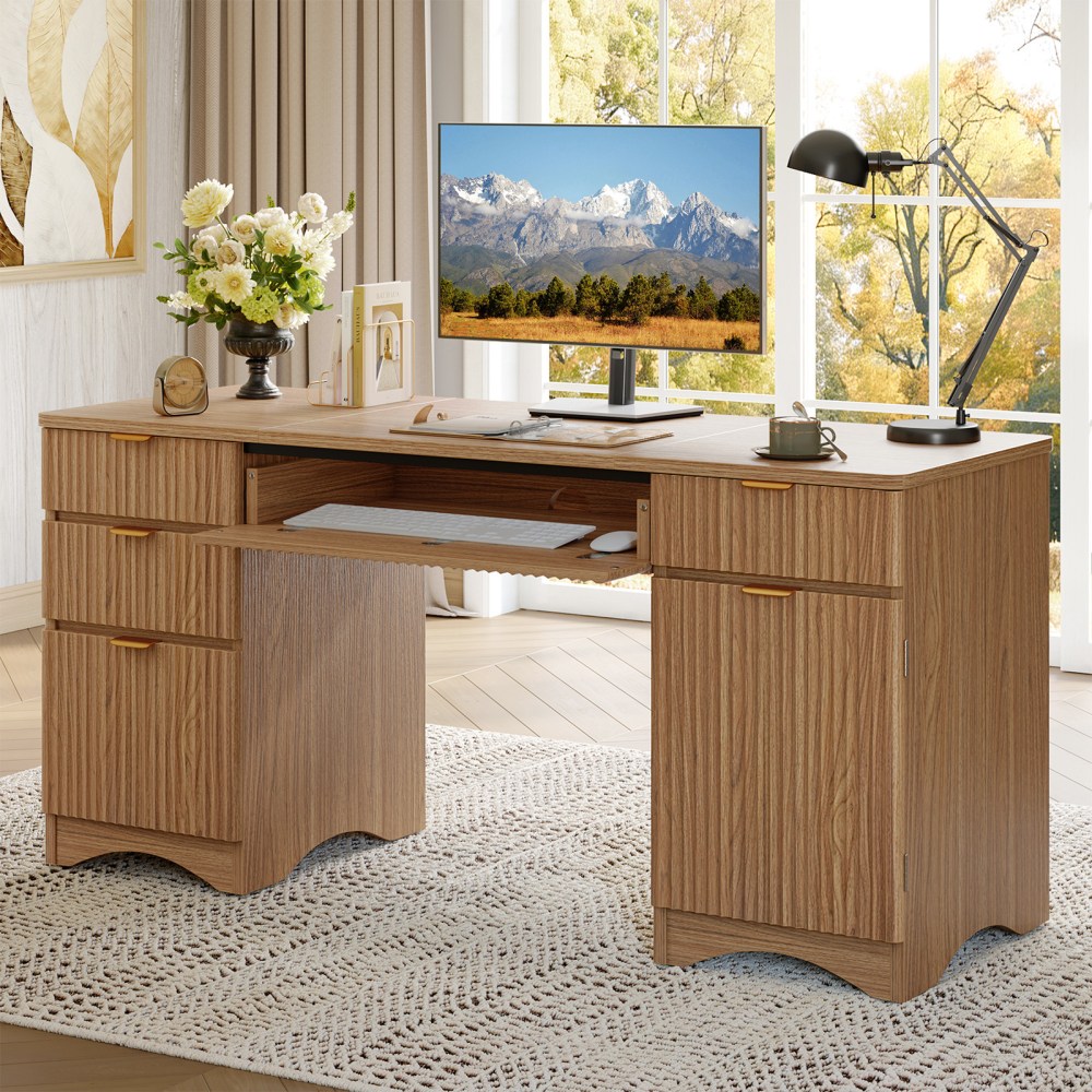 Bestier 63"W Fluted Executive Corner Desk, Brown