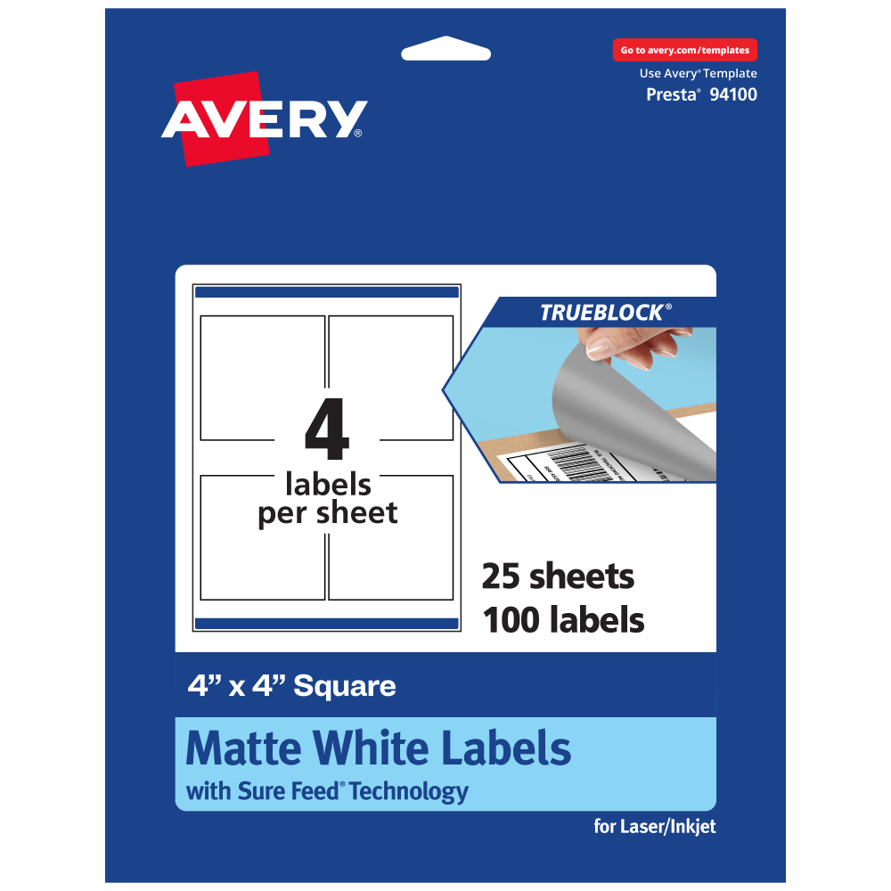 Avery® TrueBlock® Labels With Sure Feed®, 94100-TWMP25, Square,