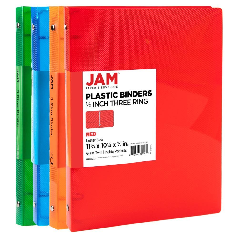 JAM PAPER 3 Ring Plastic Binder, 0.5 inch,