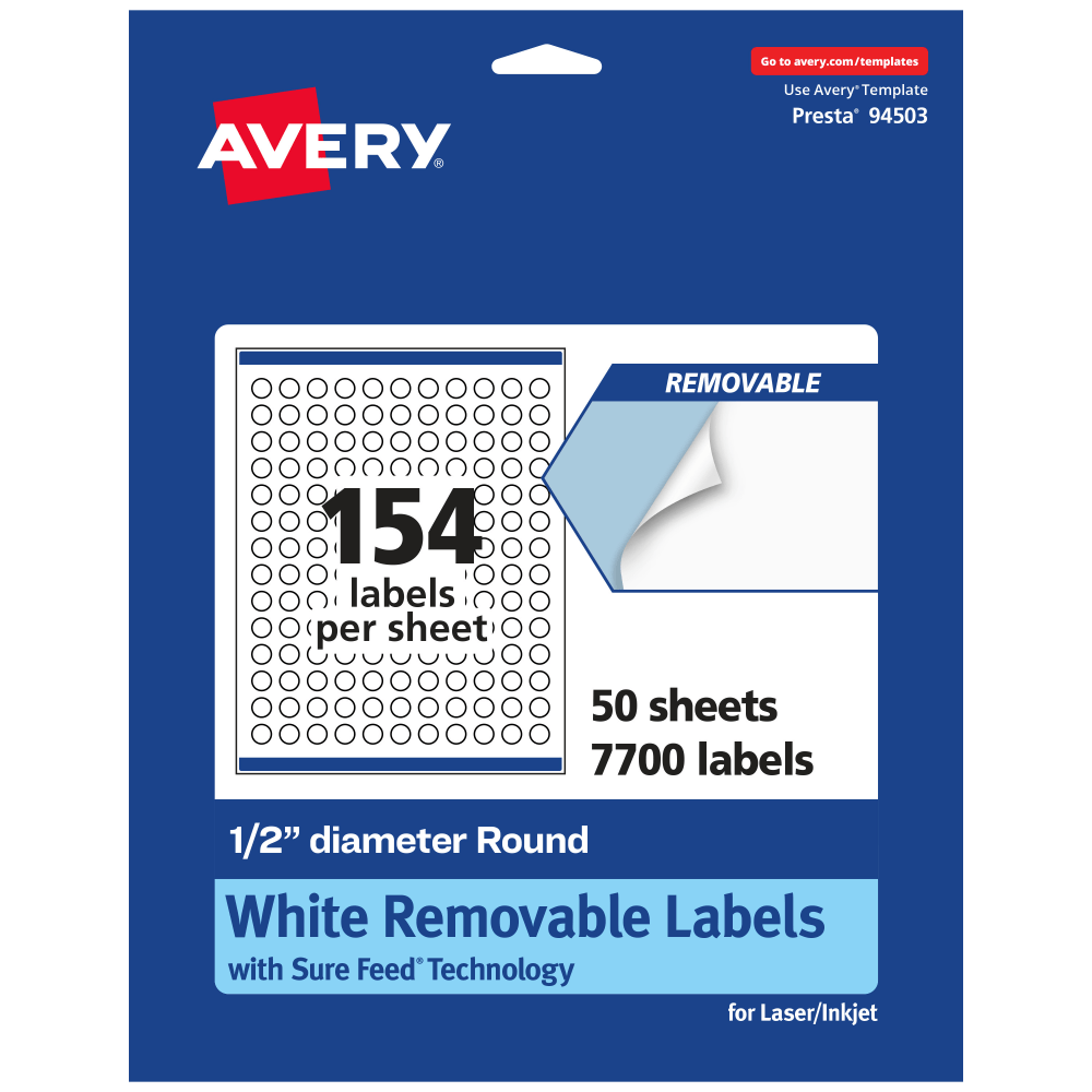 Avery® Removable Labels With Sure Feed®, 94503-RMP50, Round,