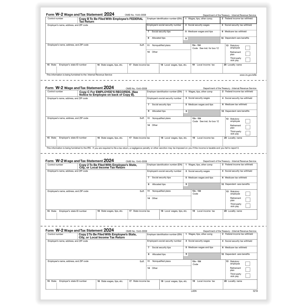 ComplyRight® W-2 Tax Forms, 4-Up (N-Style), Employee’s Copies