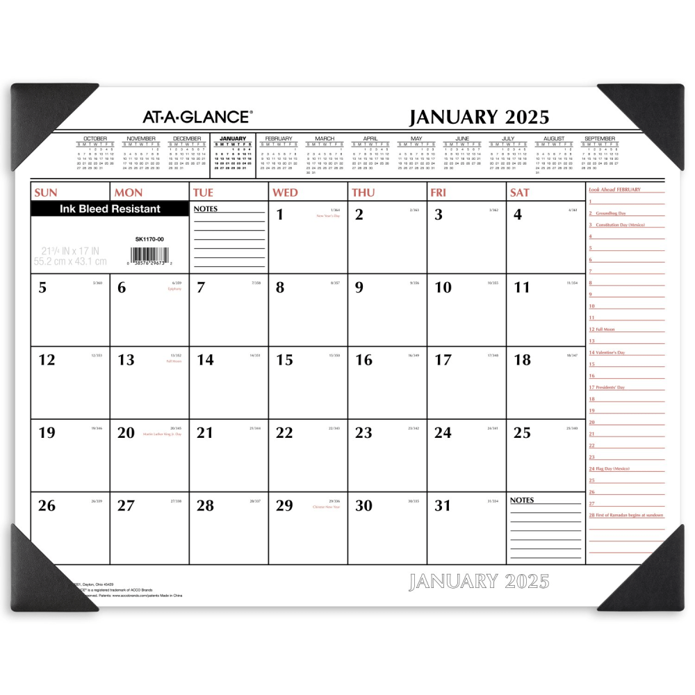 2025 AT-A-GLANCE® 2-Color Monthly Desk Pad, 21-3/4" x