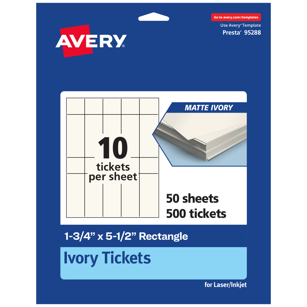 Avery® Printable Tickets, 1.75"x5.5", Matte Ivory, Pack