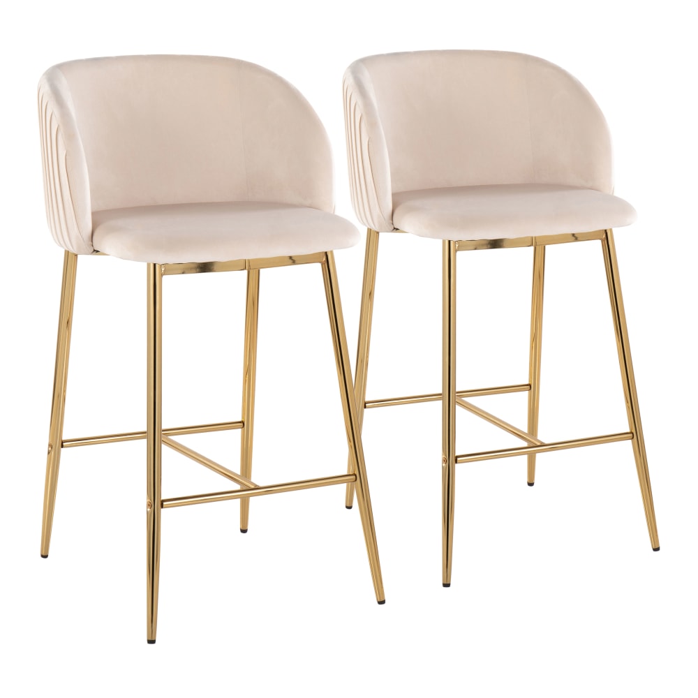 LumiSource Fran Pleated Fixed-Height Counter Stools, White/Gold,