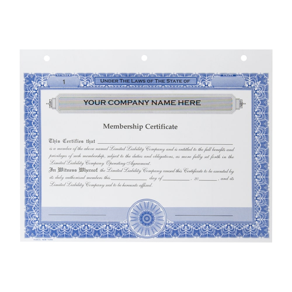 Custom LLC Membership Certificates, 3-Hole Punched, 8-1/2" x