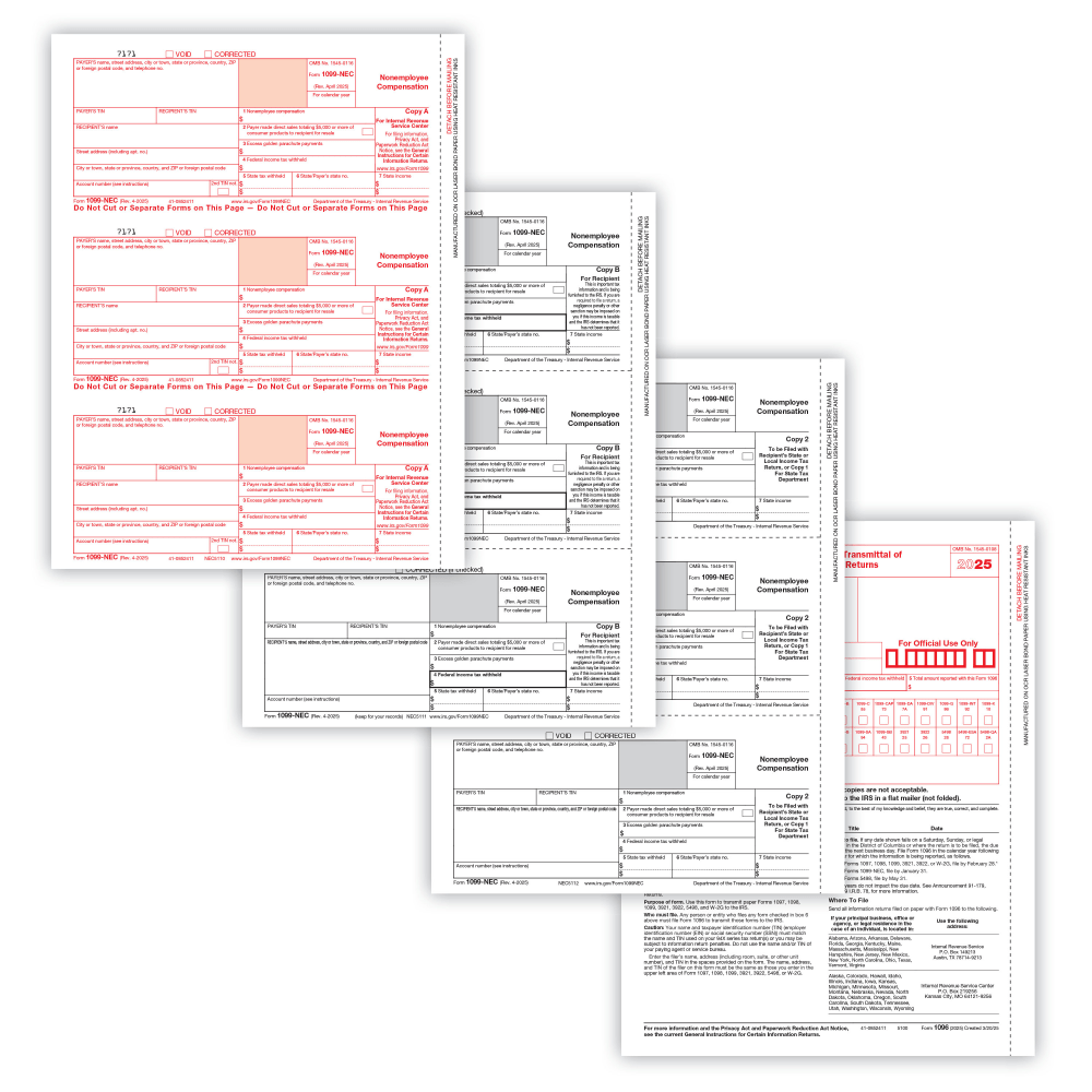 ComplyRight® 1099-NEC Tax Forms Set, 4-Part, 3-Up, Copies