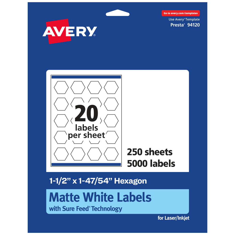 Avery® Permanent Labels With Sure Feed®, 94120-WMP250, Hexagon,