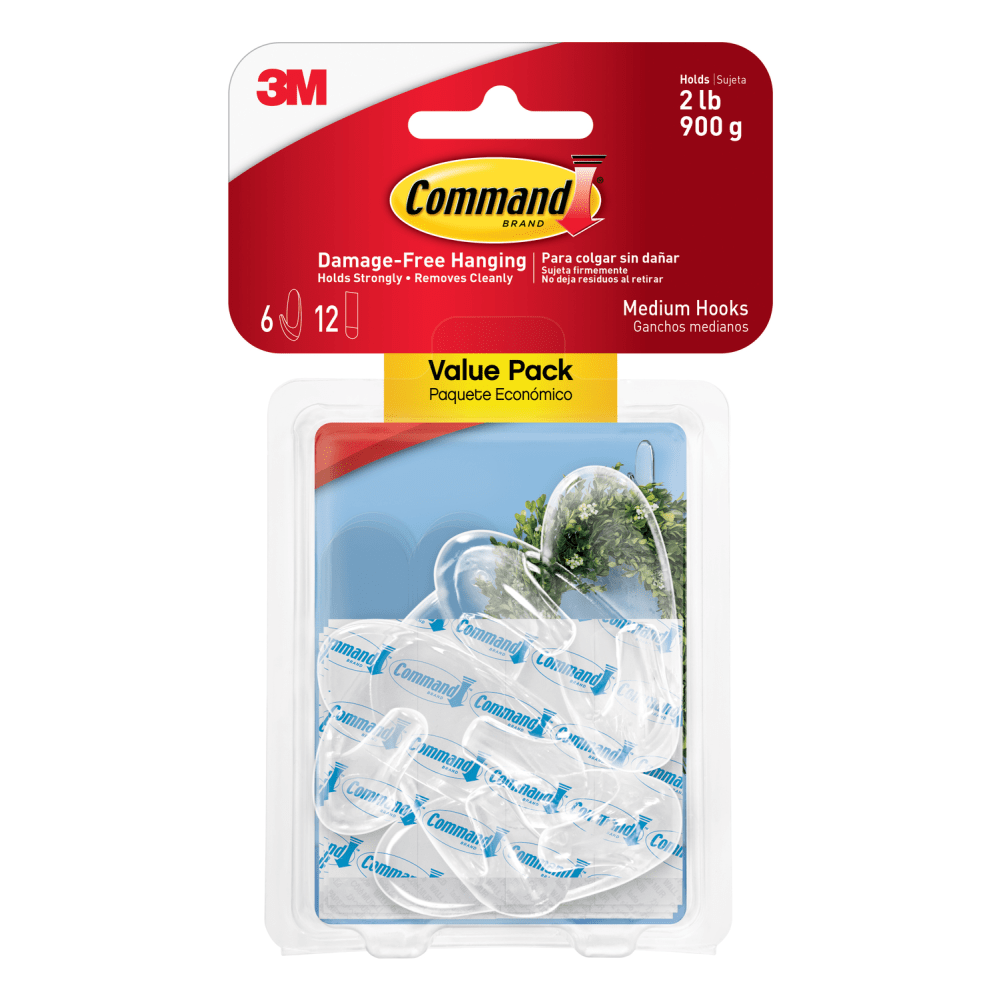 Command Removable Hooks, Medium, Clear, Pack Of 6