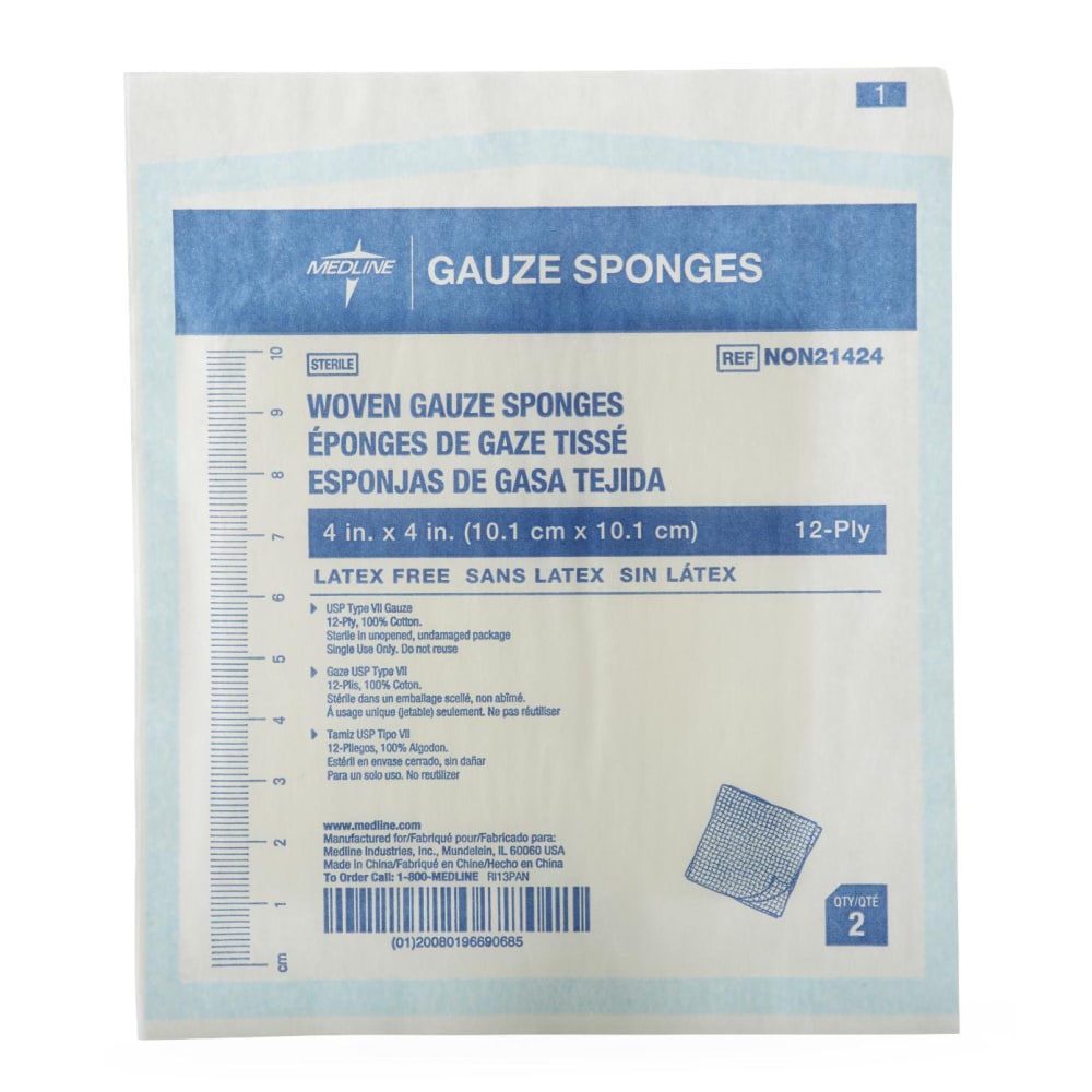 Medline Woven Sterile Gauze Sponges, 12-Ply, 4" x