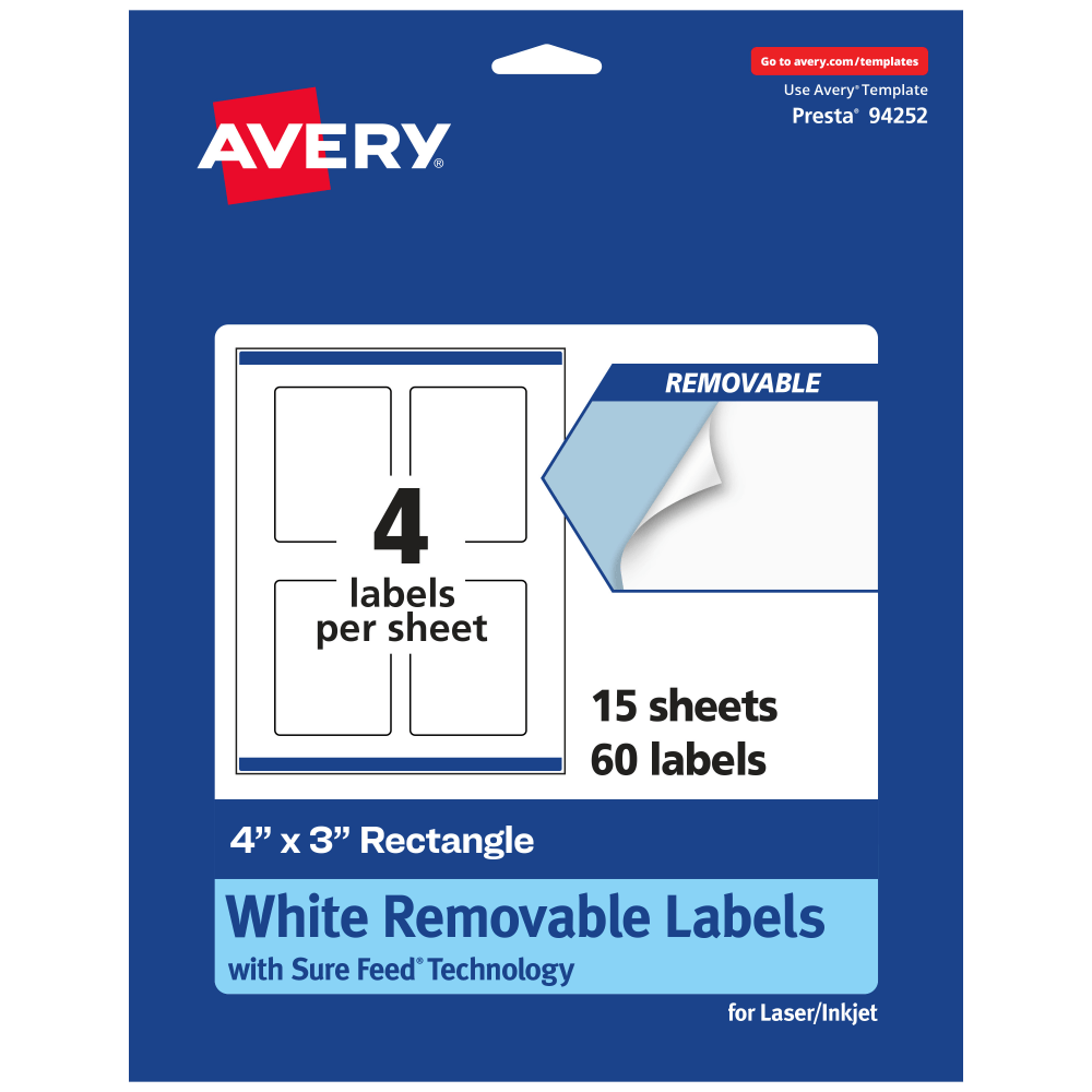 Avery® Removable Labels With Sure Feed®, 94252-RMP15, Rectangle,