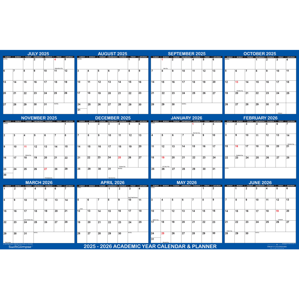 2025-2026 SwiftGlimpse Academic Erasable Monthly Wall Calendar,
