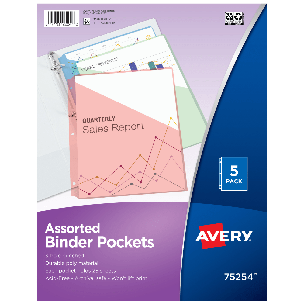 Avery® Binder Pockets For 3 Ring Binders, Assorted