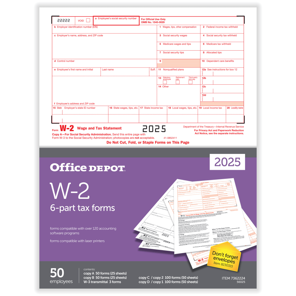 Office Depot® W-2 Laser Tax Forms, 6-Part, 2-Up,
